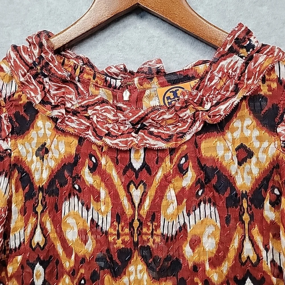 Tory Burch Silk Ikat Boho Blouse Size 6 Ruffle Peasant Flared Sleeve Layered Top